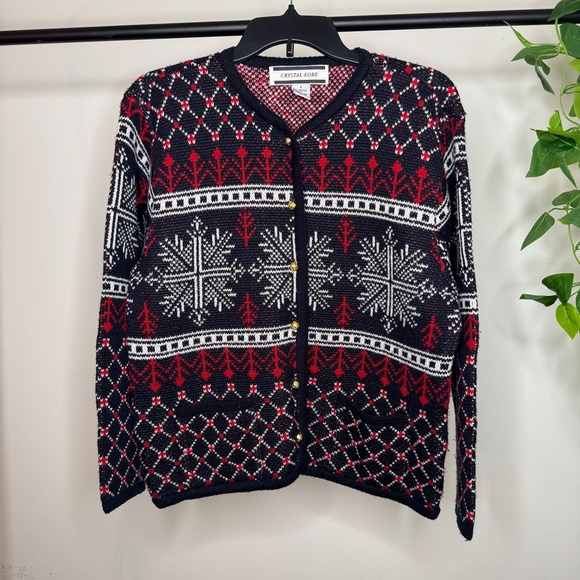 Vintage Crystal Kobe Acrylic Nordic Snowflake Cardigan Gold Buttons size S Small - Picture 3 of 12